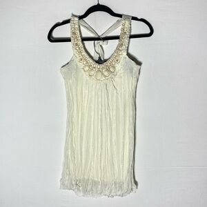 Vintage Y2K Cream Sleeveless Beaded Halter Style Going Out Top S